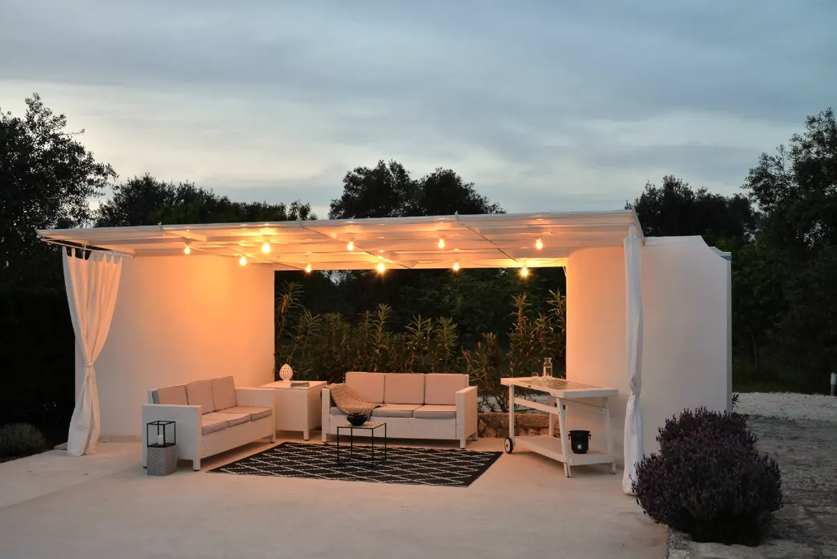 The gazebo in the evening, lights on